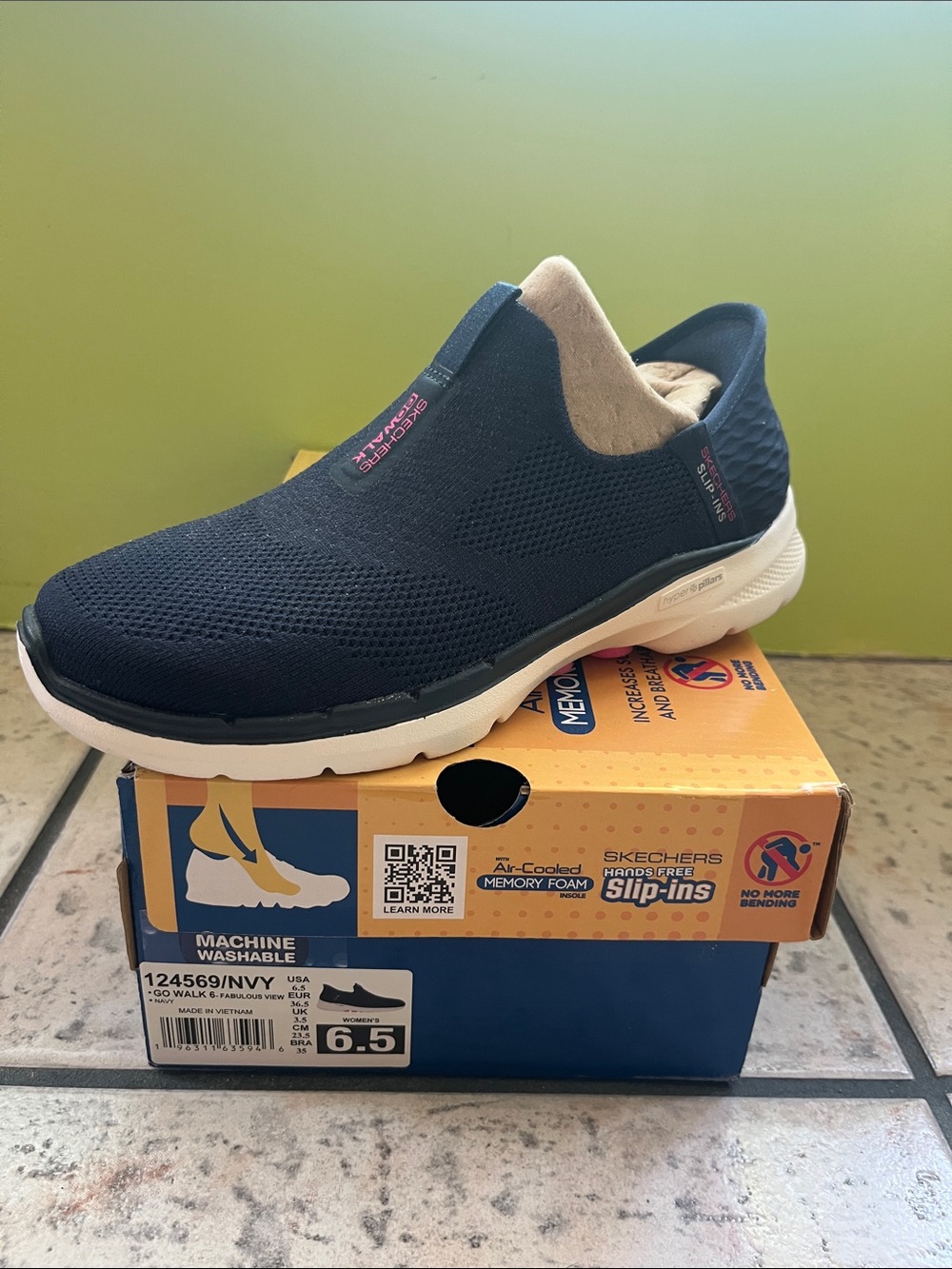 Skechers Navy Slip-On Knit Loafer with Beige Collar